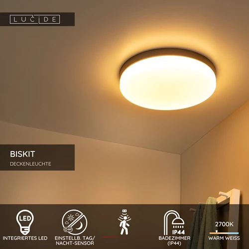 Lucide BISKIT - Deckenleuchte Badezimmer - Ø 40 cm - LED - 1x36W 2700K - IP44 - Bewegungssensor - Schwarz - USP